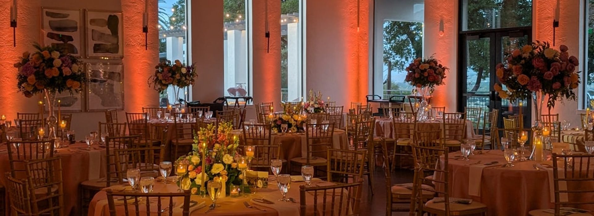 Elegant banquet hall dressed for an evening event